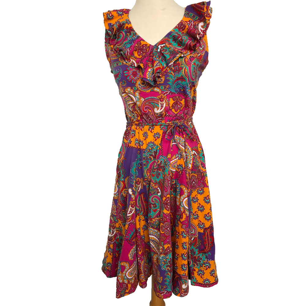 Lauren Ralph Lauren Womens Multicolor Paisley Ruffle Neck Midi Dress Size Medium